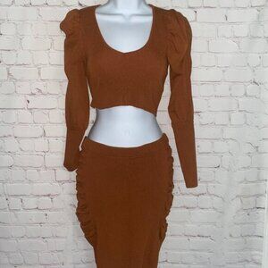 *2-Pc. Brown Ribbed-Knit Skirt Set--(Cropped Top/Mini-Skirt)